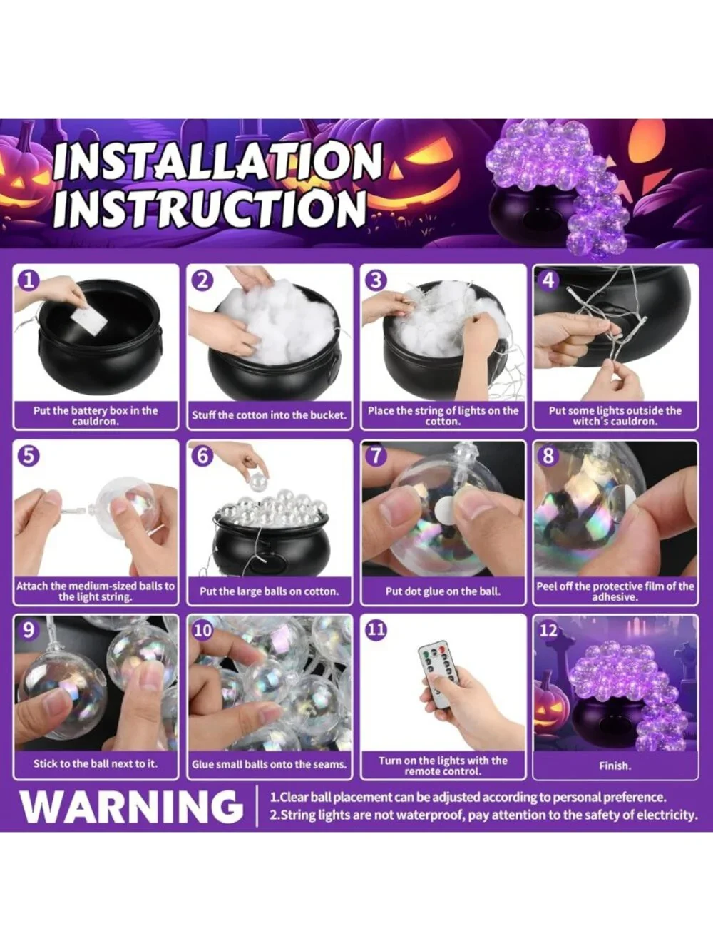 Spooky Halloween Cauldron Decor Set - Bubbling Bowl with Lights & Plastic Balls